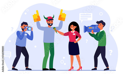 Woman reporter interviewing male fan. Cameraman shooting reportage and photograph taking shots flat vector illustration. Reportage concept for banner, website design or landing web page