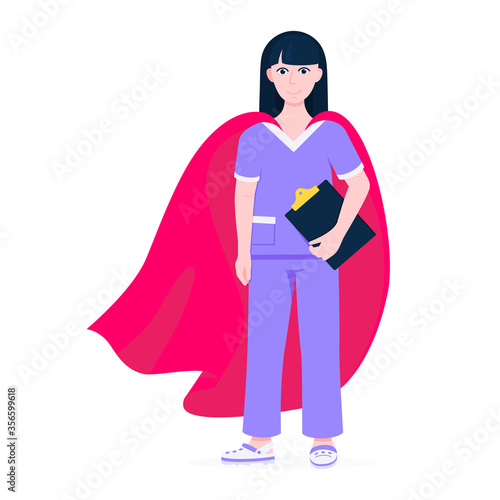 Young female nurse hospital medical employee with hero cape behind fights against diseases and viruses on frontline flat style vector illustration. Future doctor or surgeon medical clinic new hero.