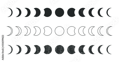 Moon phases astronomy icon silhouette symbol set. Full moon and crescent sign logo. Vector illustration. Isolated on white background.