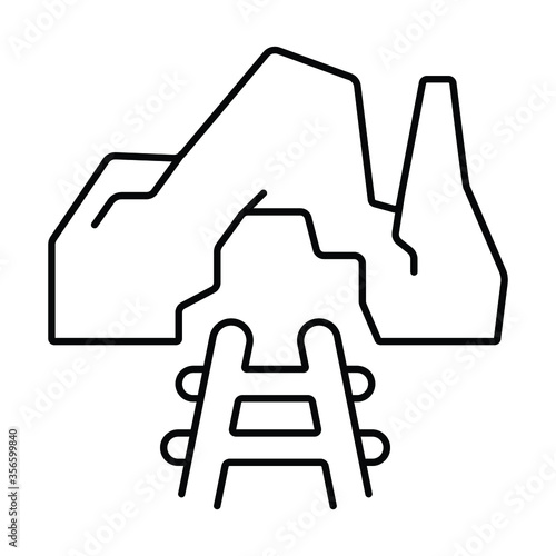 Trolley in mine tunnel line icon. Coal mining, extraction of minerals, gold mining