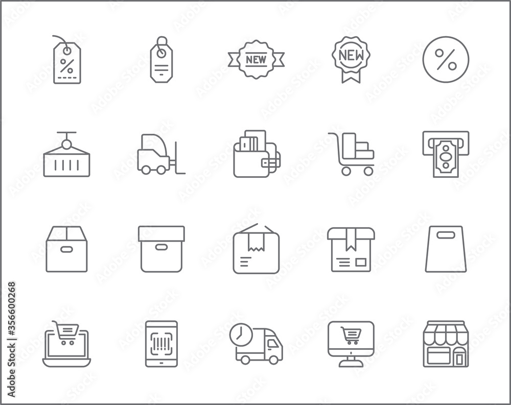 Set of e-commerce and shopping icons line style. It contains such Icons as store, delivery, package, box, coupon, cart, adding, shipping, tags, market and other elements.
