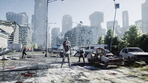 Terrible zombie in destroyed city. Zombie apocalypse concept. 3d rendering.