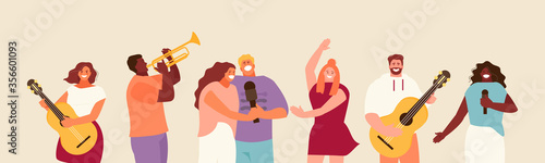 People music group sing, dance and play the guitar. Music party festival vector