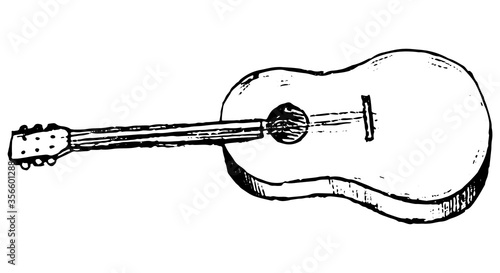 Classical guitar realistic hand drawn vector illustration. Graphic doodle, sketching. Black contour drawing isolated on white. Primitive style, single picture for design, print, card, poster, sticker.
