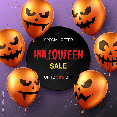 Halloween background with scary air balloons. Greeting card, party invitation or sale banner template