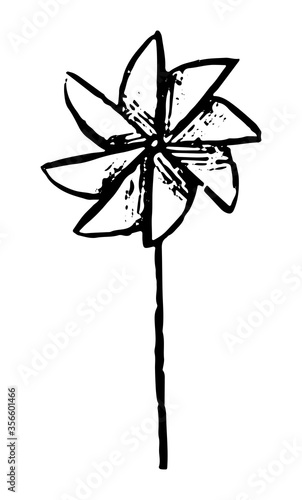 Children's paper windmill. Hand drawn vector illustration. Doodles, sketching. Black contour drawing isolated on white. Primitive style, single picture for design, print, card, poster, sticker, banner