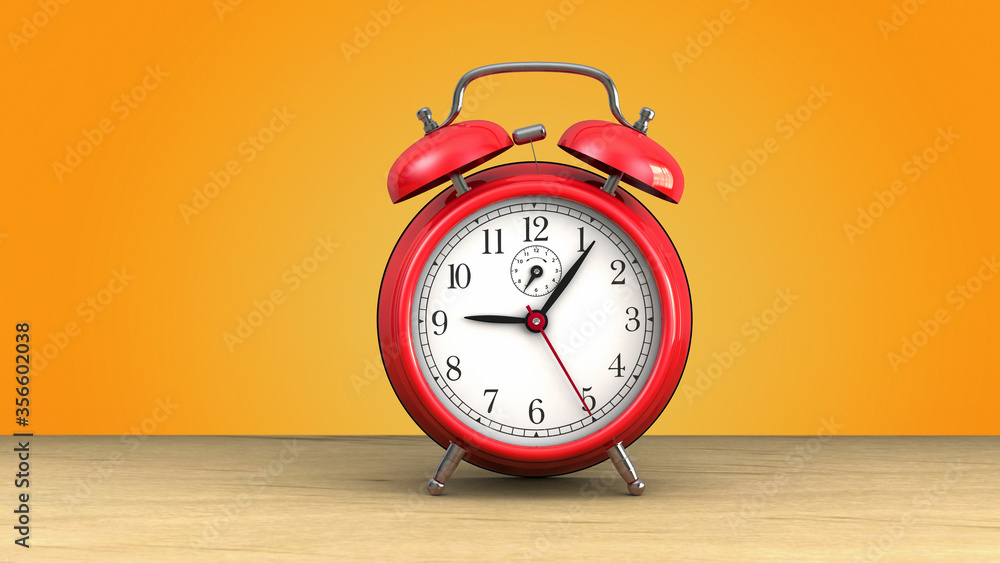 retro red alarm clock at 9 o' clock on orange background. retro red alarm clock at 9 o' clock on orange background.