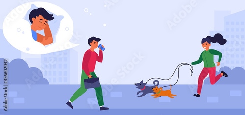 Sleepy man drinking coffee on way to work. Man meeting woman jogging with dogs in morning flat vector illustration. Coffee and caffeine concept for banner, website design or landing web page