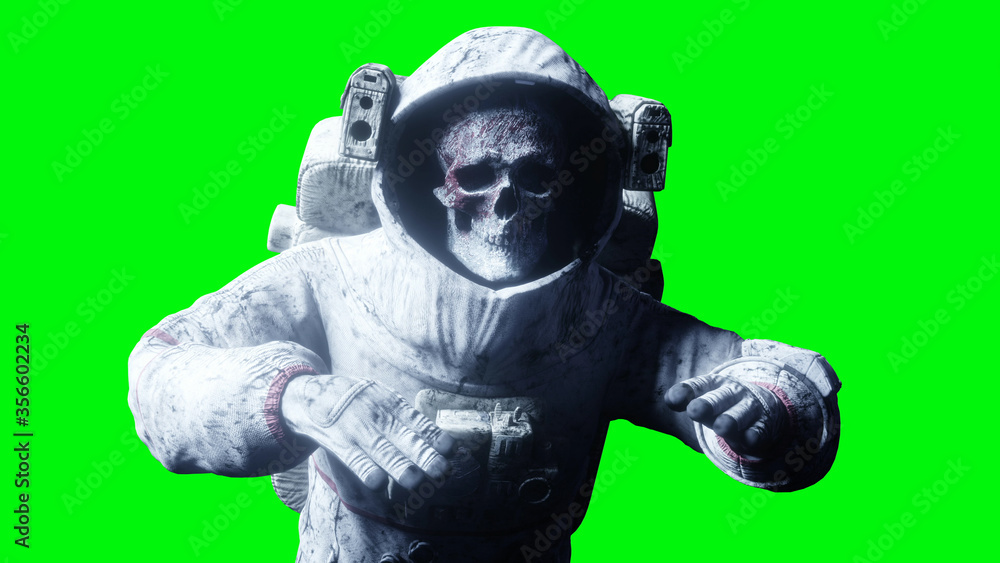 Dead zombie astronaut in space. Cadaver. Green screen. 3d rendering.