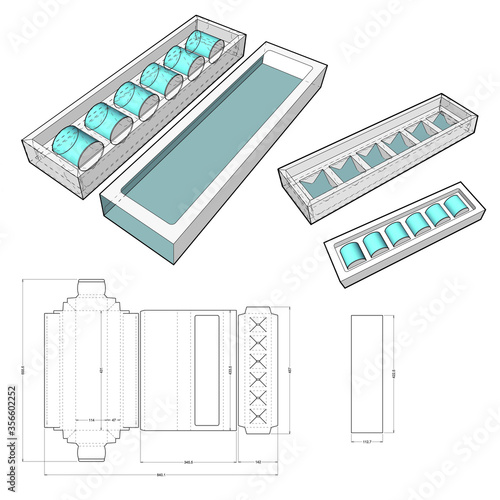 Packing for 6 tea cans and Die-cut Pattern. The .eps file is full scale and fully functional. Prepared for real cardboard production.