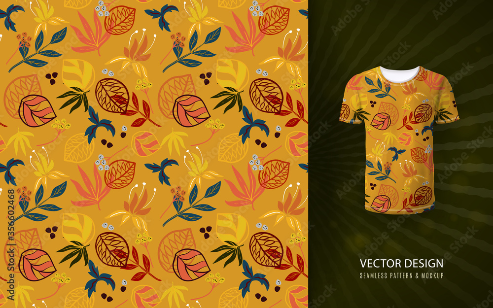 Fototapeta premium Vector orange fantasy leaves seamless pattern. Floral exotic background. Hand drawn plants. Ideal for fabric, wallpaper, textile, bedding,t-shirt print.