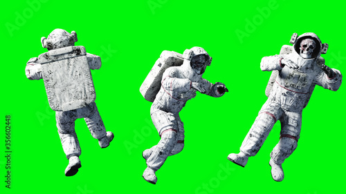 Dead zombie astronaut in space. Cadaver. Green screen. 3d rendering.