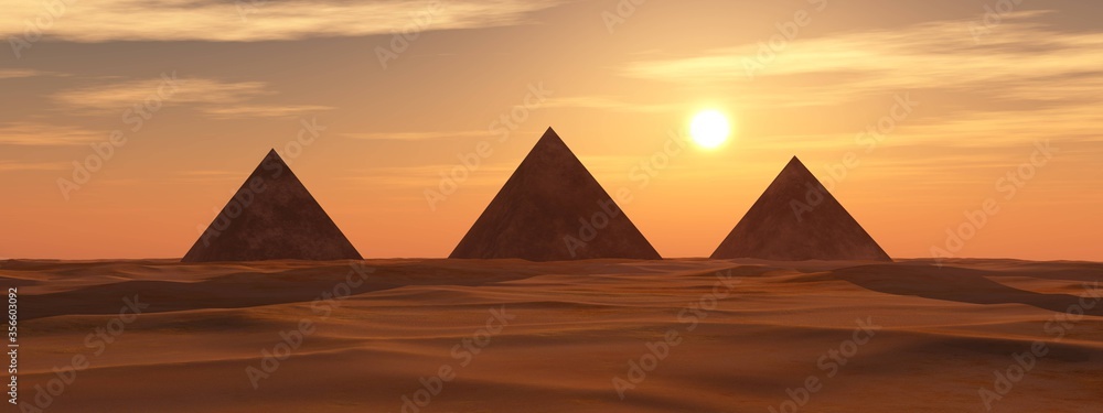 Pyramids in the desert of sand at sunset, 3D rendering - obrazy, fototapety, plakaty 