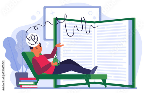 Man expressing his ideas for diary. Student lying on couch with coffee cup and thinking flat vector illustration. Studying and decision making concept for banner, website design or landing web page