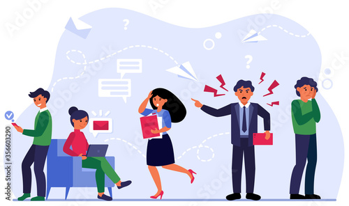 Aggressive leader shouting at scared employees. Angry boss, error, stress at work flat vector illustration. Business, workplace violence concept for banner, website design or landing web page