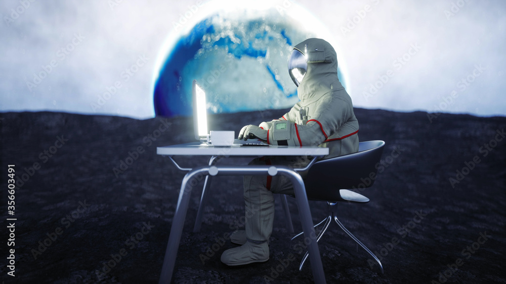 Astronaut on the moon working with notebook . 3d rendering.