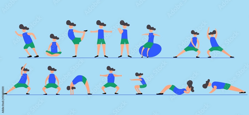 Flat illustration for workout and gym at home. Quarantine at home. Character Set of workou