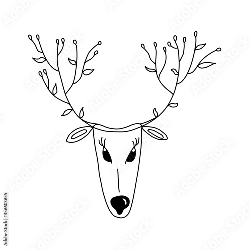 Christmas illustration with cute cartoon deer in doodle style. Vector image. for design of t-shirts, new year cards and gifts, design of invitation cards for Christmas celebrations photo