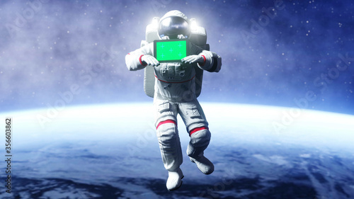 Astronaut in space with tablet, monitor. 3d rendering.
