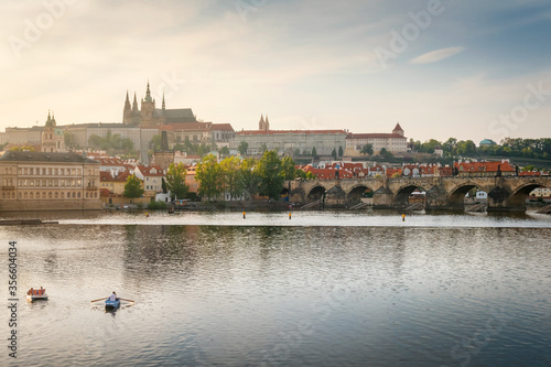 Obraz na płótnie Evening view on Prague Castle with Charles Bridge in evening sunlight w salonie