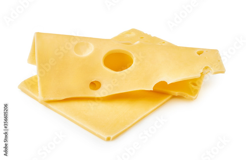 Cheese slices isolated on white background. Maasdam cheese.