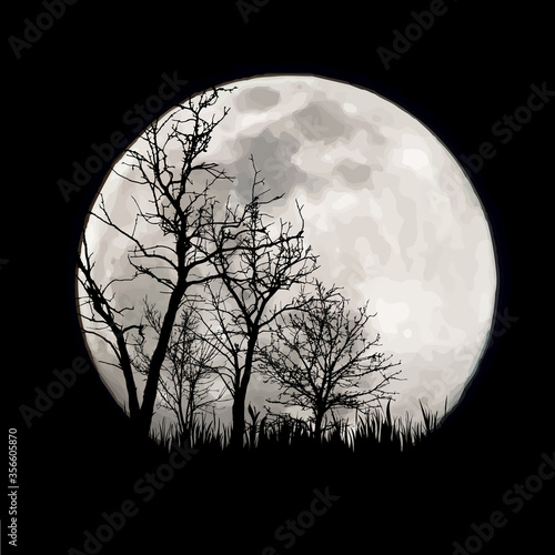 Vector silhouette of forest with moon background. Symbol of night.
