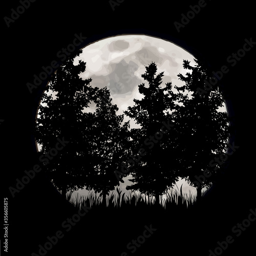 Vector silhouette of forest with moon background. Symbol of night.