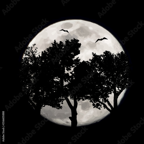 Vector silhouette of forest with moon background. Symbol of night.