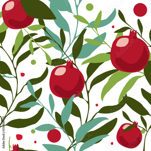 Illustration of fresh color fruits  seamless pattern with garnet and green leaves for textile industry, pillows, posters, t-shirts or print design. Cartoon pomegranate tree vector on white background