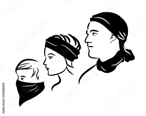 Man, young woman, and a boy wearing a bandana in different ways