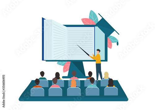 Lecturer pointing to computer screen with notebook in front of students on white background, flat vector illustration