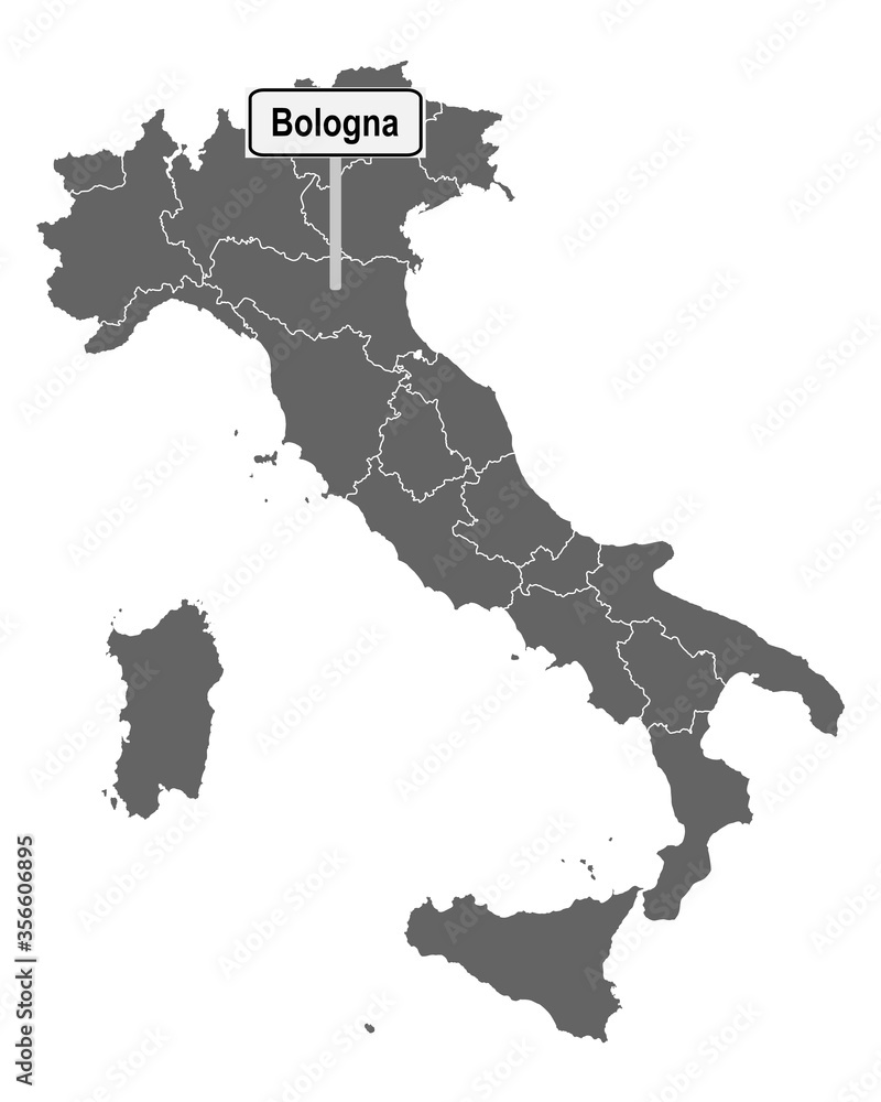 Landkarte von Italien mit Ortsschild von Bologna