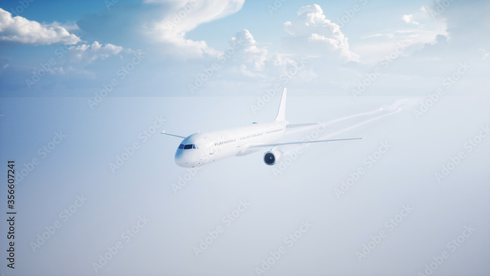 Fototapeta premium Passenger flying Plane . Daylight, clouds. A condensation trail of an airplane. 3d rendering.
