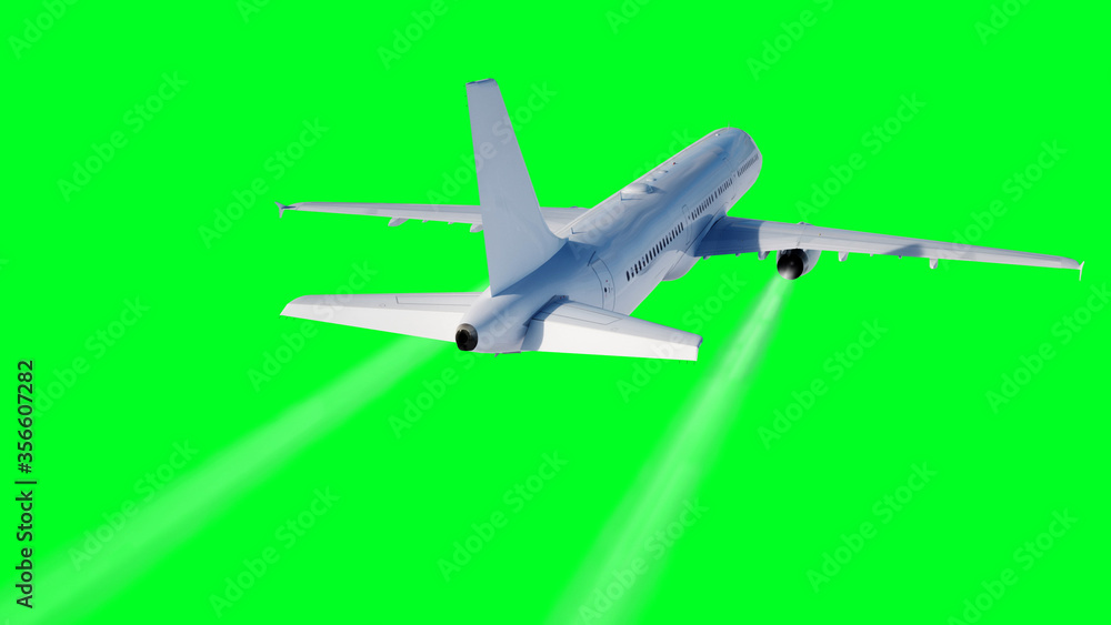 Passenger flying Plane . Isolate green screen. . A condensation trail of an airplane. 3d rendering. Passenger flying Plane . Isolate green screen. . A condensation trail of an airplane. 3d rendering.