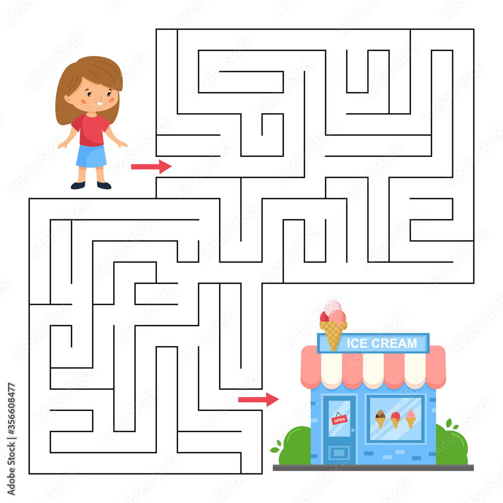 Educational maze game for children. Help the girl find right way to the ice cream shop. Cute cartoon vector character. Worksheet for preschoolers. Stock Vector Adobe Stock