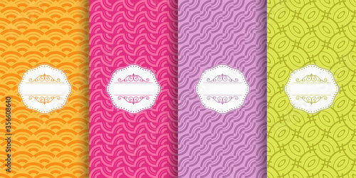 Collection of colorful geometric simple seamless patterns - bright symmetric textures wth frames. Vector  backgrounds in art deco style