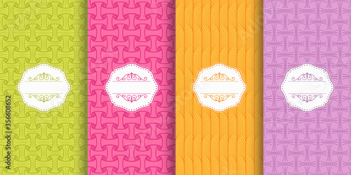 Collection of colorful geometric simple seamless patterns - bright symmetric textures wth frames. Vector  backgrounds in art deco style