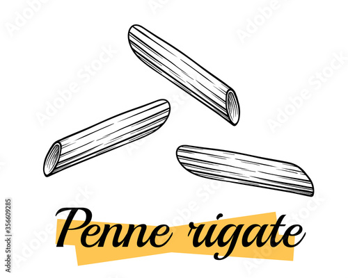 Penne Rigate, Italian pasta, traditional cuisine dish, vector illustration, drawing, engraving, ink, linear art. For packaging design, advertising, etc.
