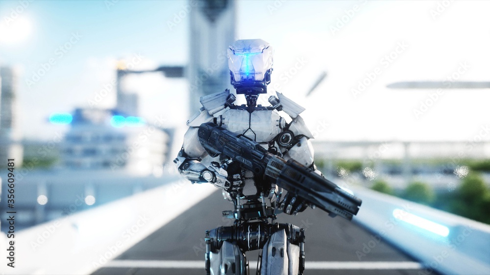Military robot with gun walking. Futuristic city, town. 3d rendering. Military robot with gun walking. Futuristic city, town. 3d rendering.