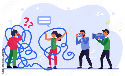 Men shooting reportage about people searching for solution. Tangled people unwinding clew flat vector illustration. Solving problem concept for banner, website design or landing web page