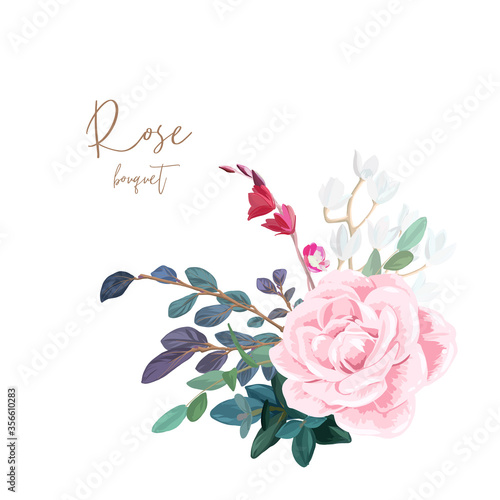 Decorative corner composition of pale roses, white spring flowers, eucalyptus and succulents. Light floral bouquet for wedding invitations and romantic cards. Hand drawn vector illustration.