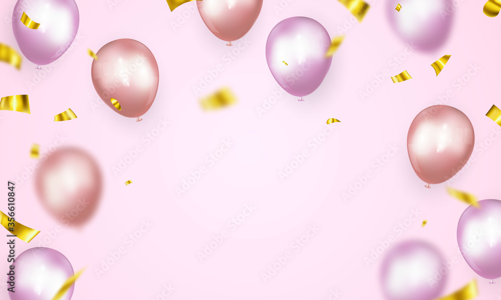 Celebration party banner with pink balloons background. Sale Vector illustration. Grand Opening Card luxury greeting rich.