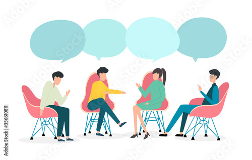 Share point. People on talk show in studio, space for text in speech bubbles. Isolated vector illustration in flat style