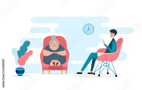 Elderly lady on visit to psychologist, white background. Vector illustration in flat style