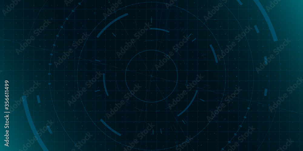 HUD dark blue background with grid, dots and circle element. Design for science theme, artifical intelligence, neural network and hi-tech. Vector