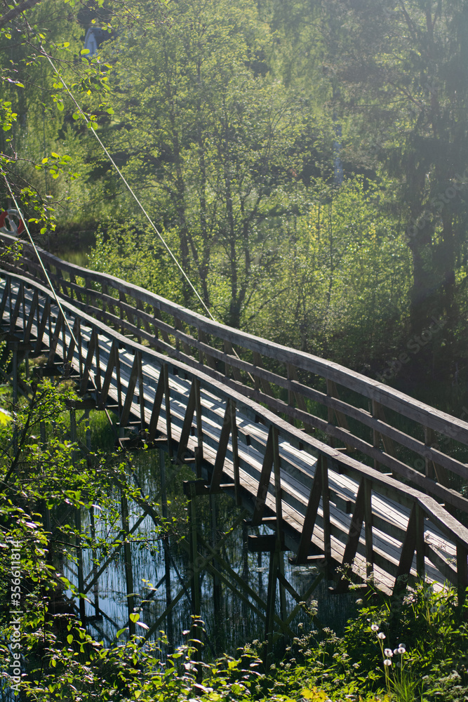 Suspension bridge over a river, with green trees in the background.