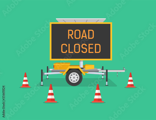 Transportable Variable Message Sign. Electronic Led road sign display. Flat vector illustration.