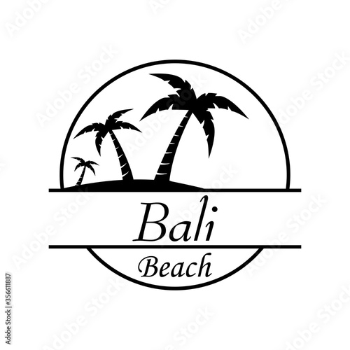Símbolo destino de vacaciones. Icono plano texto Bali Beach en círculo con playa y palmeras en color negro