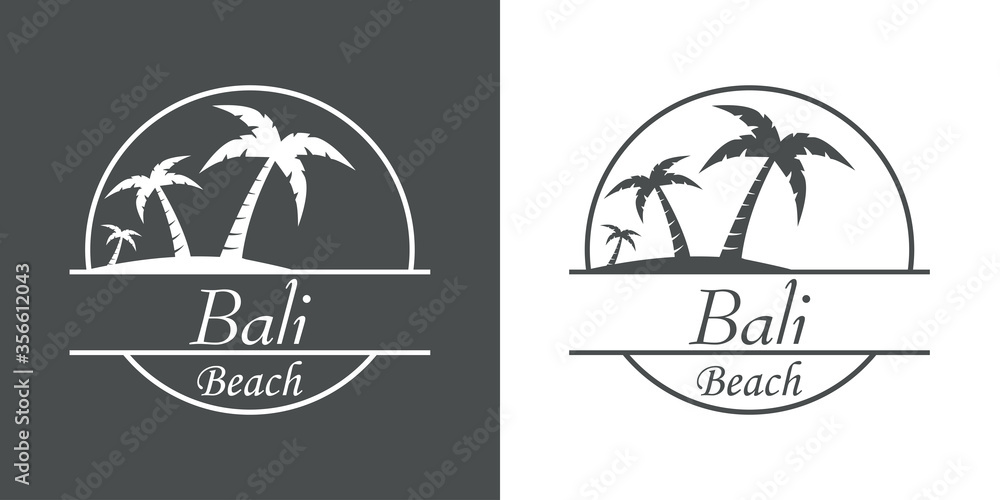 Símbolo destino de vacaciones. Icono plano texto Bali Beach en círculo con playa y palmeras en fondo gris y fondo blanco