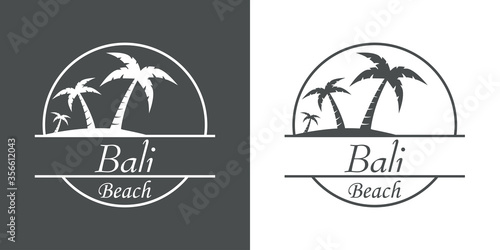 Símbolo destino de vacaciones. Icono plano texto Bali Beach en círculo con playa y palmeras en fondo gris y fondo blanco